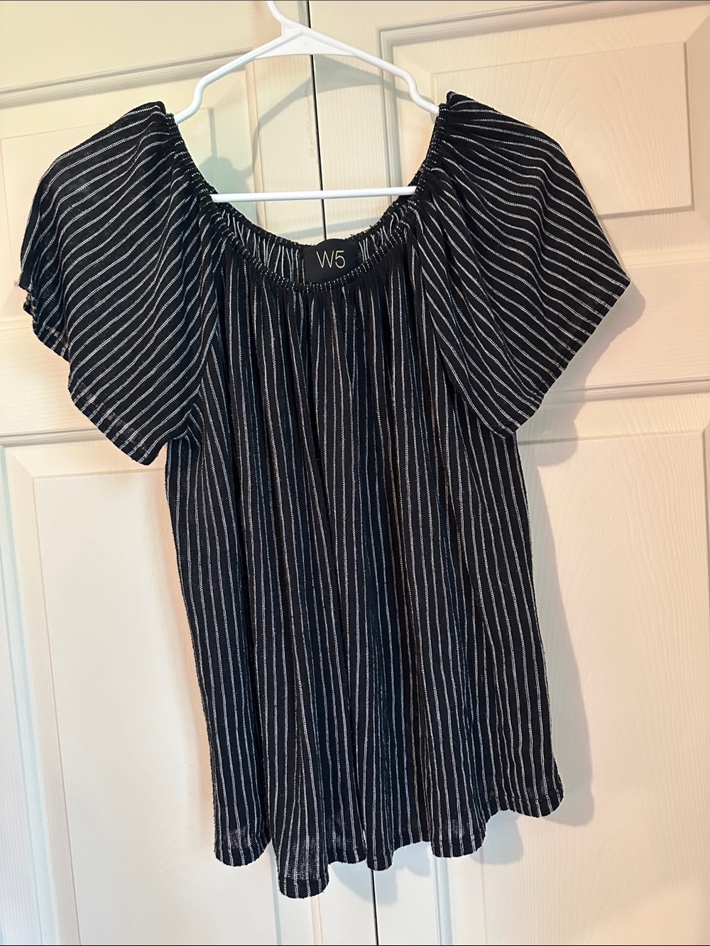 W5 Black and White Striped Off-Shoulder Blouse